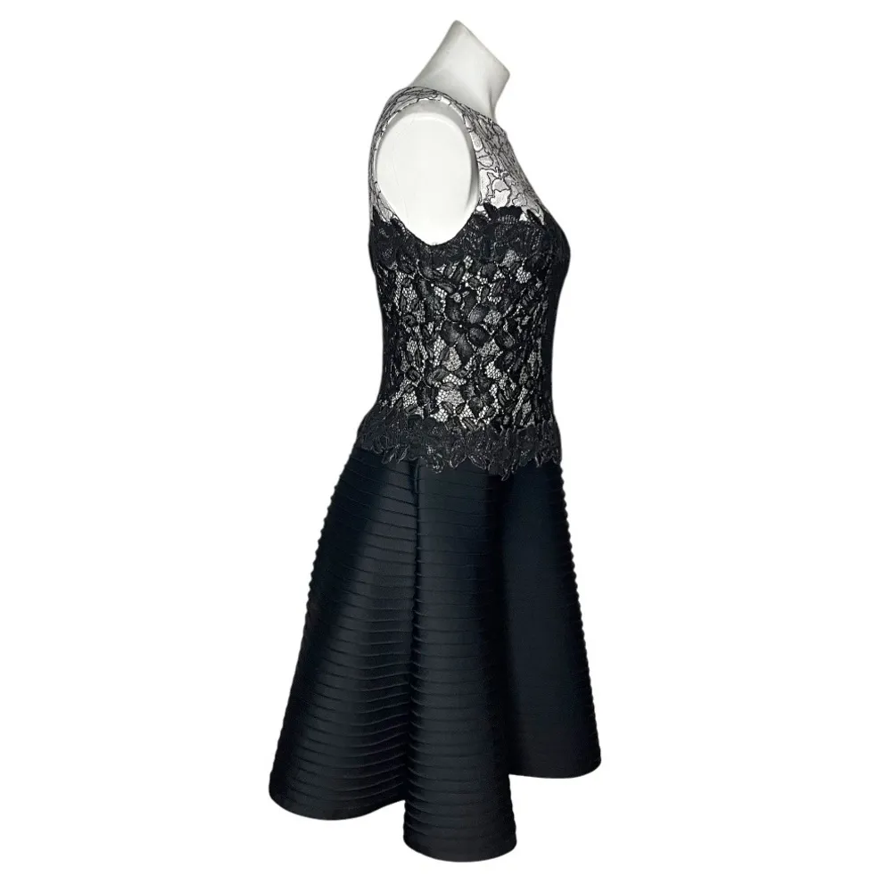 TADASHI SHOJI Dress Lace Overlay Bodice Solid Pintuck Skirt Fit & Flare Size 10 - Image 3