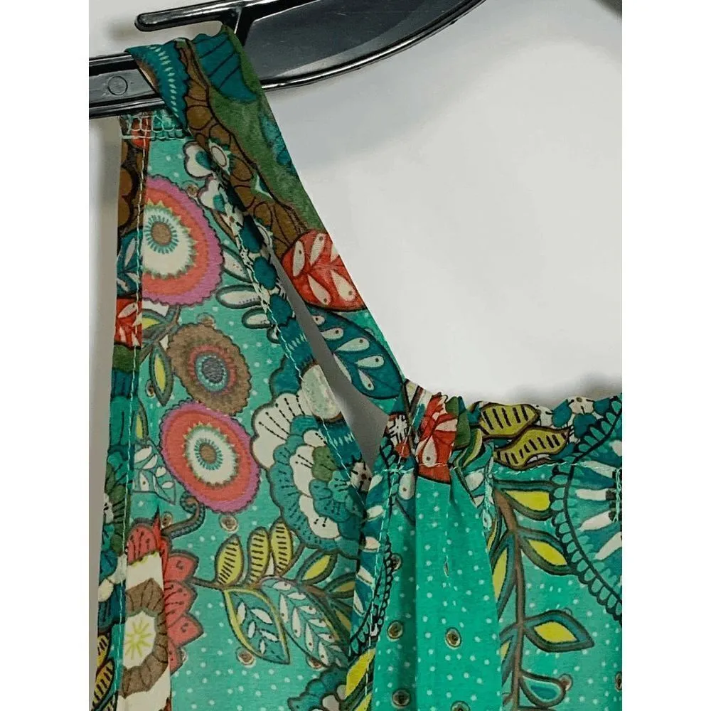 Umgee Women's Sleeveless Sheer Floral V-Neck Crochet Hem Racerback Green Top Size - Image 6