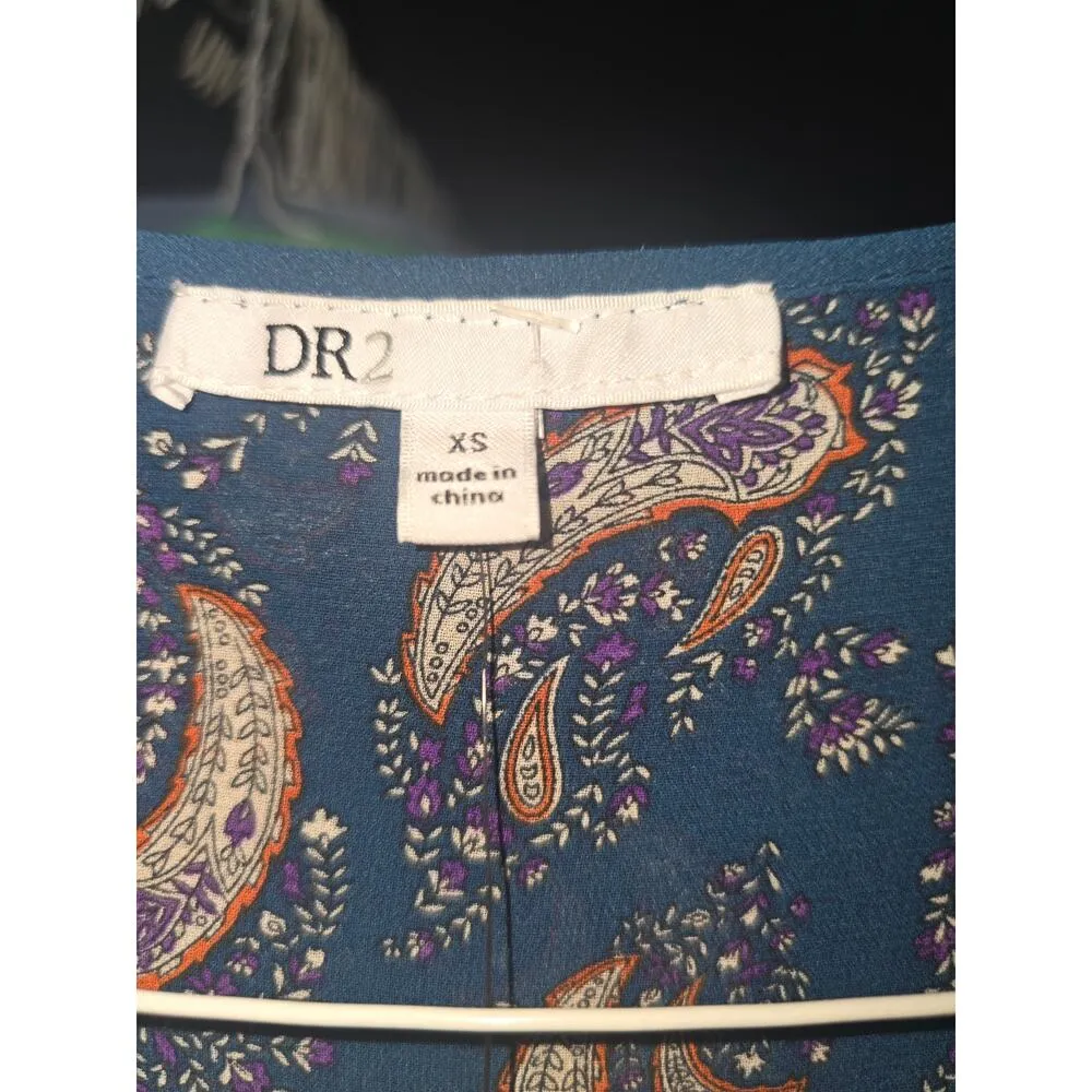 DR2 A Line Dress Women Navy Paisley Tie Waist Long Sleeve V Neck Button Front XS Blue - Image 11