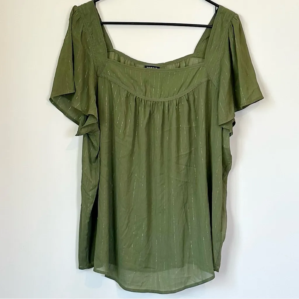 Torrid Olive Green Crinkle Chiffon Flutter Sleeve Square Neckline Top - Size 1 - Image 2