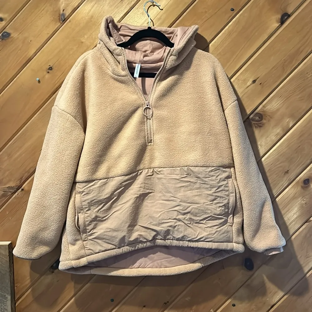 Fabletics Lotta Sherpa Half Zip Hooded Sweatshirt Jacket in peach tan - Image 6