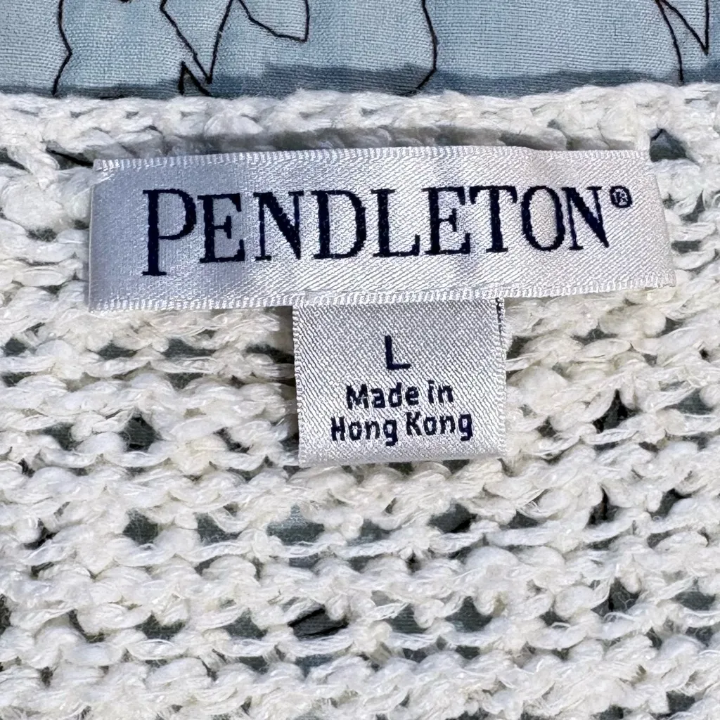 Vntg Pendleton Hong Kong Linen Cotton Open-Knit Cardigan Grosgrain Trim Sz L🧡 - Image 10