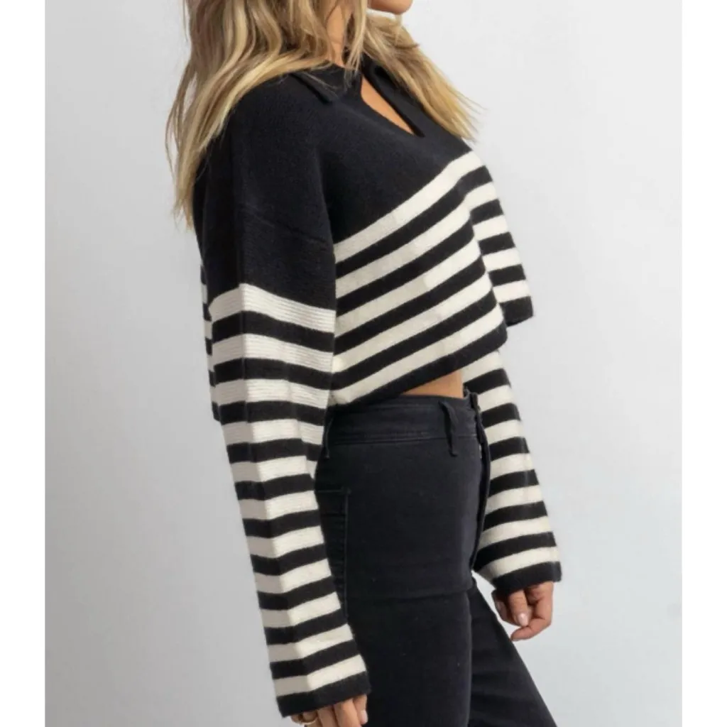 Crescent x Stile Collection Corbin Striped Collared Cropped Knit Sweater Small - Image 5