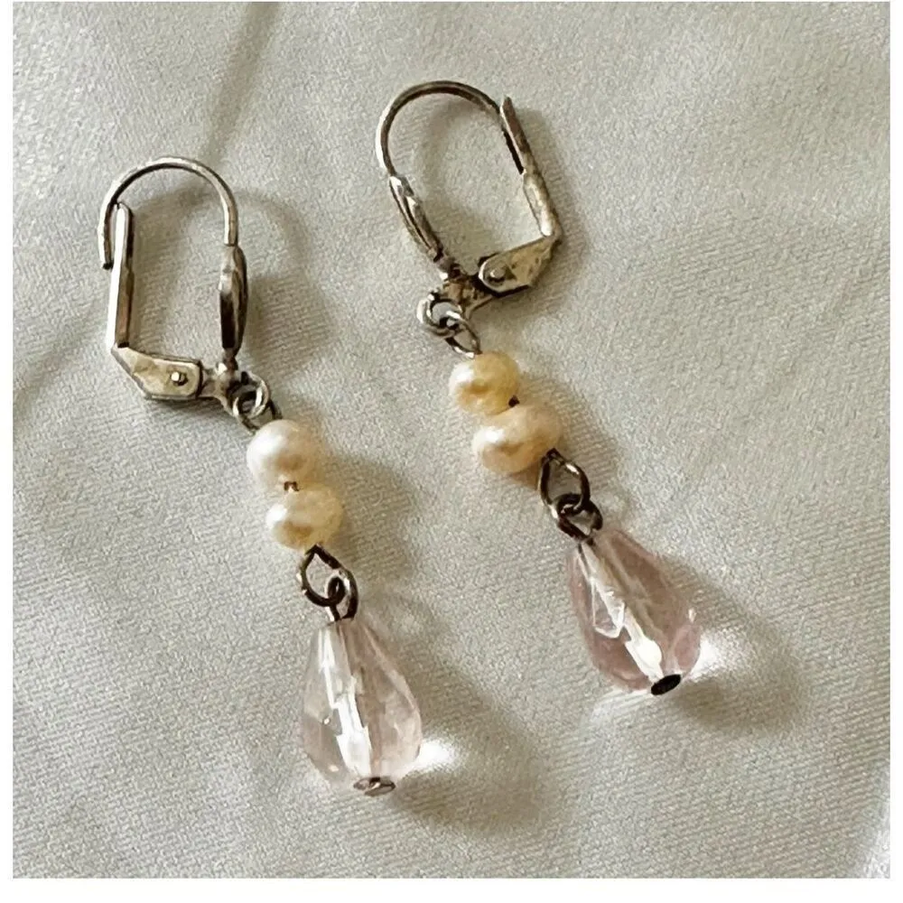 Silver tone fresh water pearl pink beaded drop earrings - Image 5