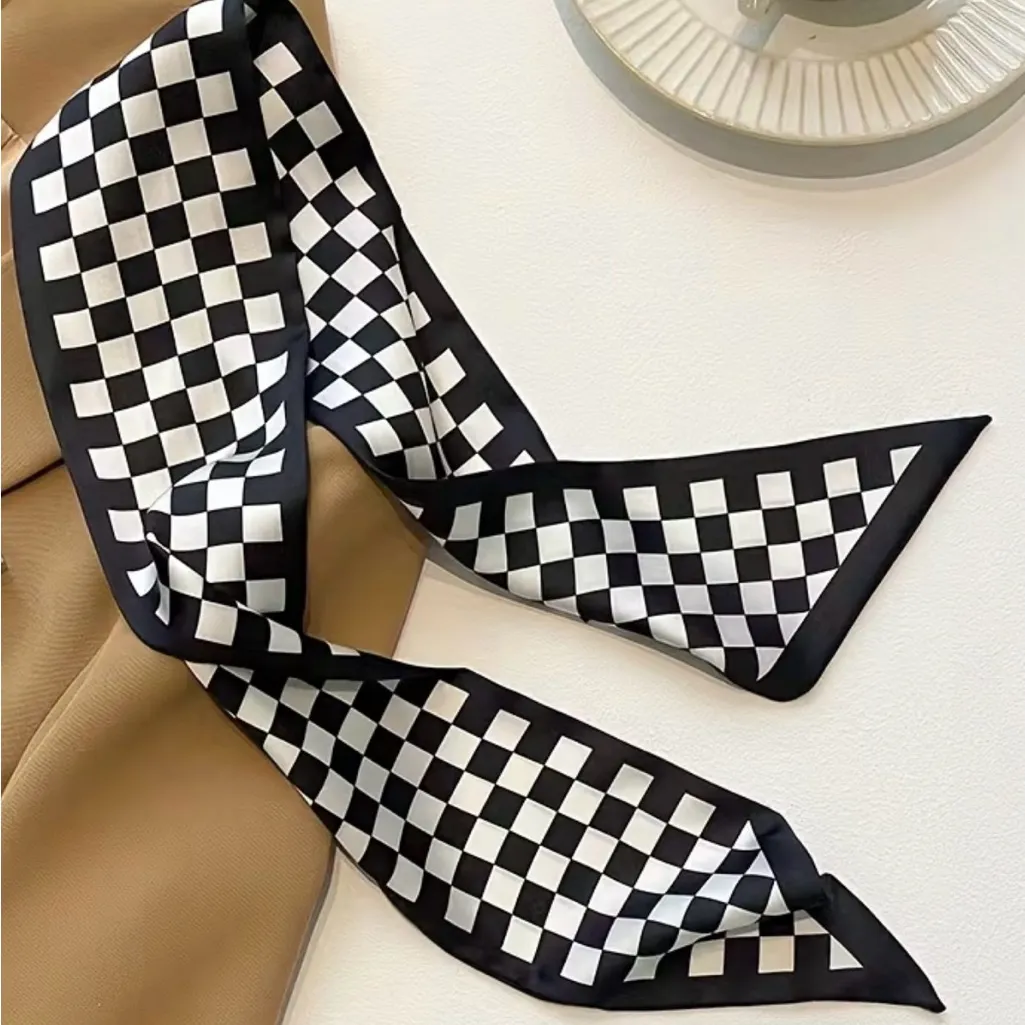 Set of 4 Black White French Style Twilly Scarves | Silk Feel Skinny Scarf | Bag - Image 6