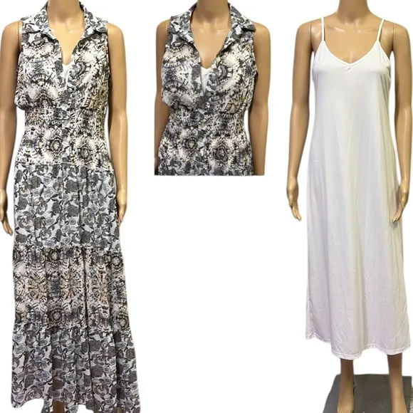Figueroa Flower Sleeveless Floral Button Up Tiered Collared Dress & Cami Slip S Gray - Image 2