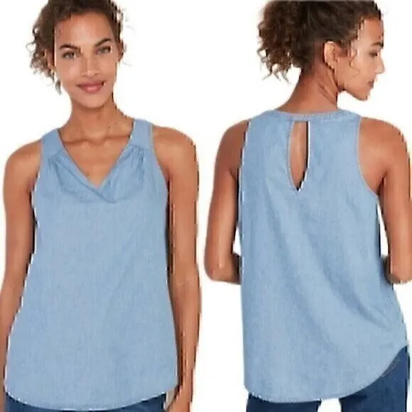 OLD NAVY Chambray V-Neck Tank Top Light Wash Denim Cutout Cotton Blouse Medium M - Image 2