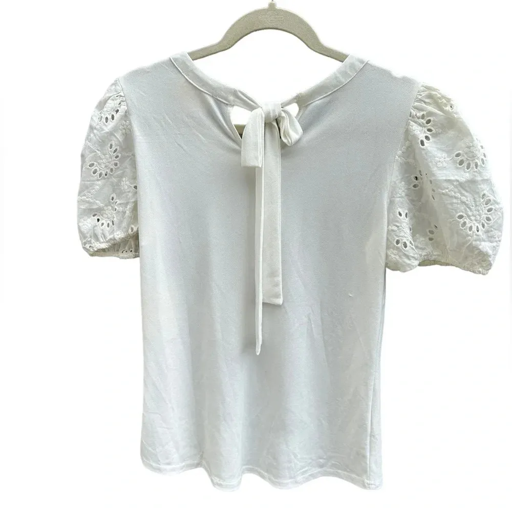 NWT FLOWER & FEATHER WHITE EYELET PUFF SLEEVE BLOUSE - Image 2