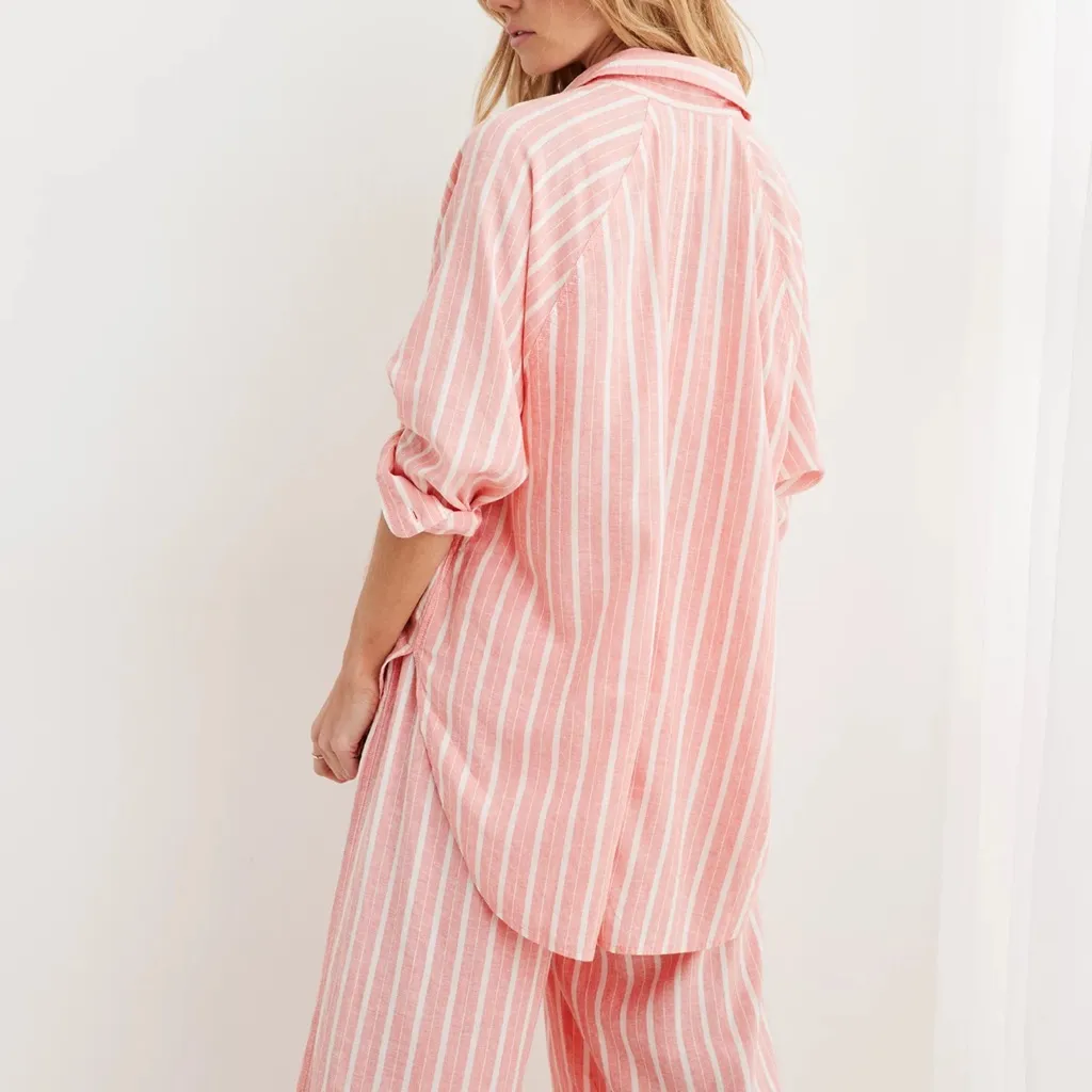 Aerie Pool to Party Linen Blend Coverup Shirt White Coral Stripe Top XS - Image 3