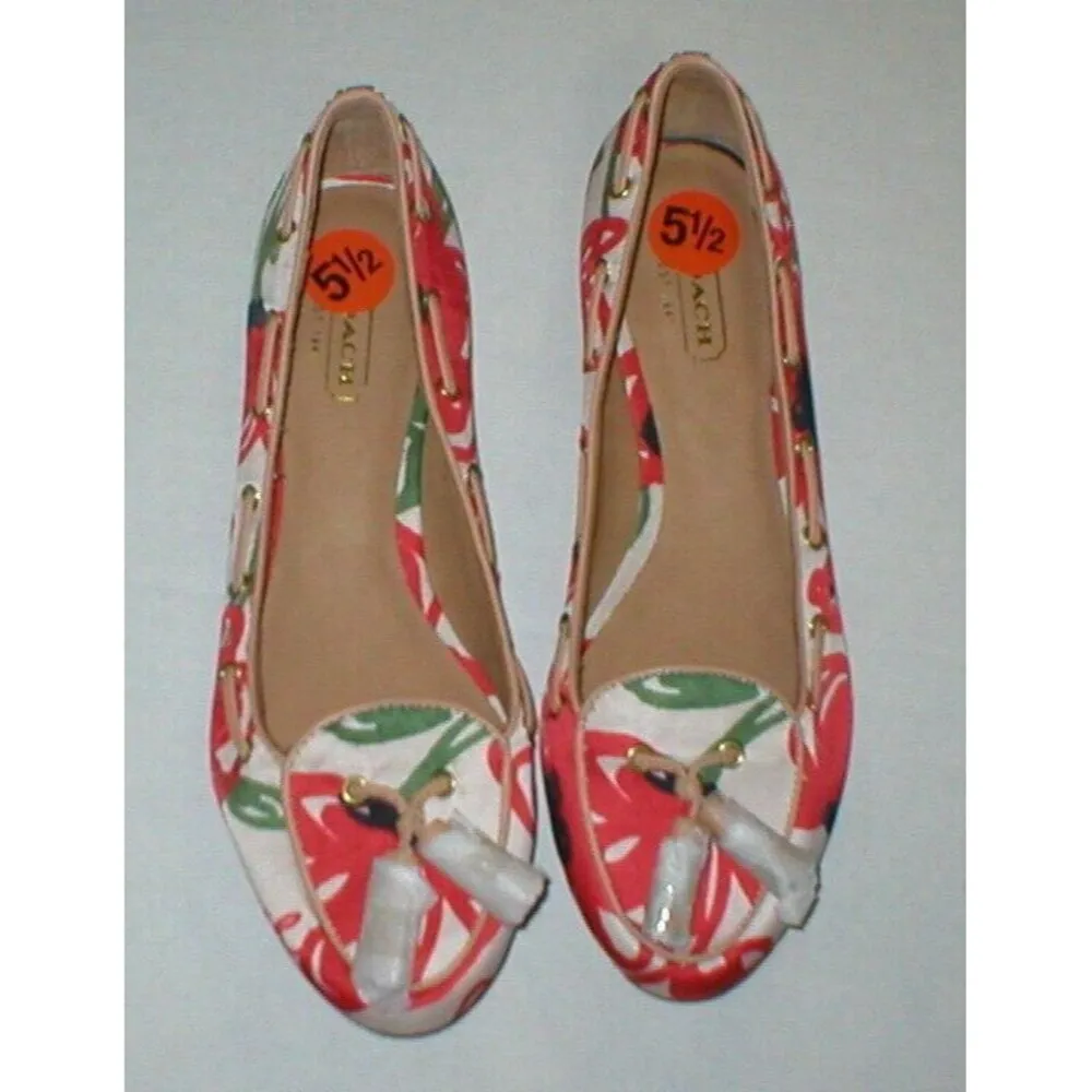 New Womens Authentic Coach Flats Satin Leather 5.5 6 Red Ivory Tassels Shoes Log - Image 2