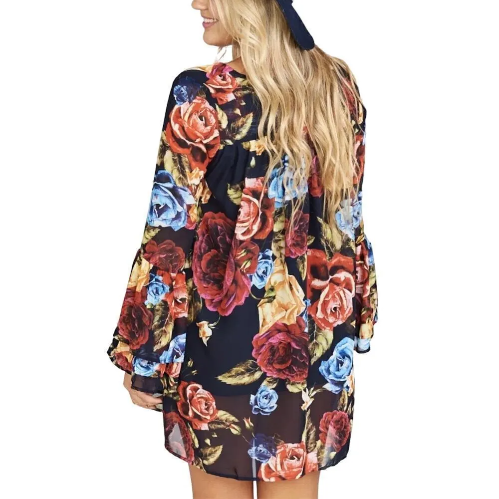 Show Me Your Mumu Nolita Mini Dress Dark Floral Blooms Bell Sleeves‎ V-Neck, XS - Image 10