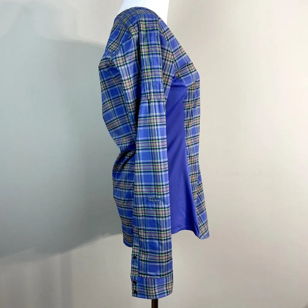 REI Shirt‎ Womens Small Purple Plaid Snap Button Long 3/4 Tab Sleeve Pintuck Top - Image 5