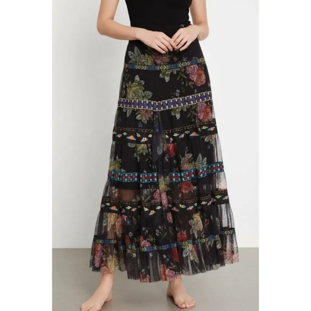 NWT Johnny Was Lulu Maxi in Multi Floral Side Slit Tiered Mesh Skirt M $398 - Image 5