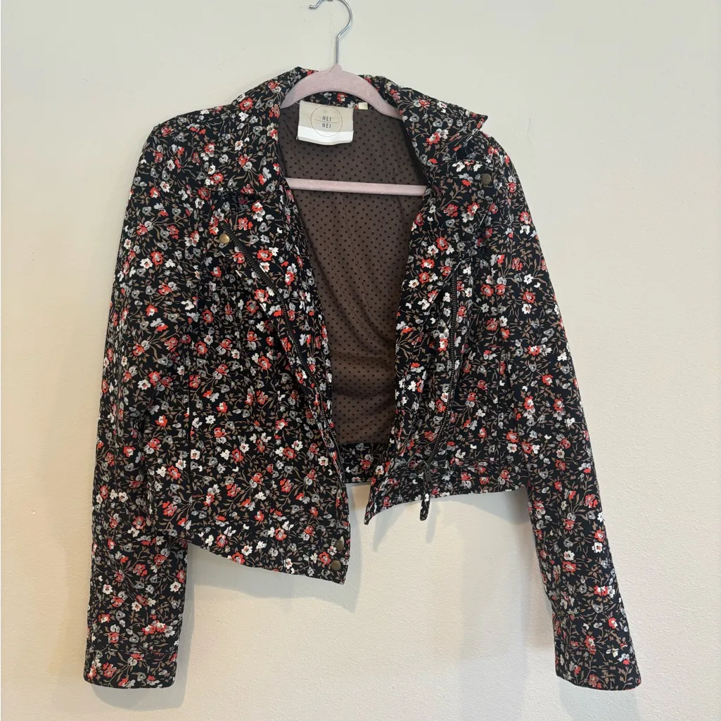 Anthropologie Hei Hei Black Floral Print Quilted Moto Jacket 
 10 Statement Coat - Image 11