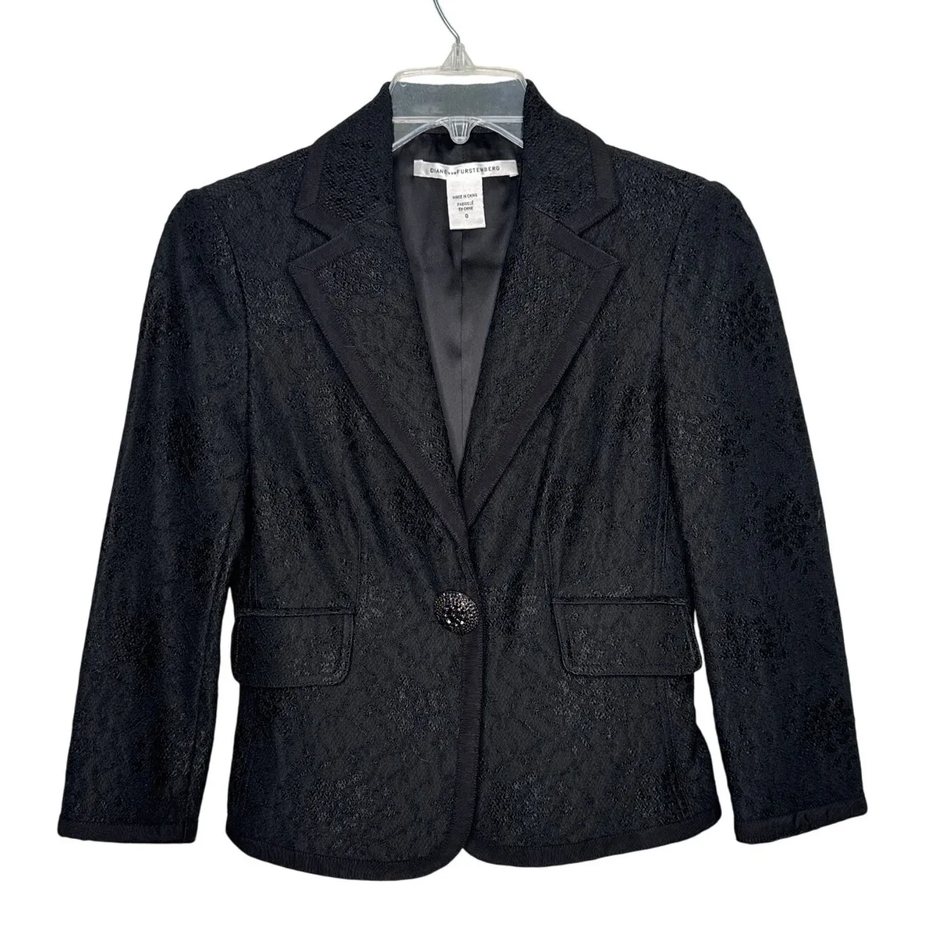 Vintage Diane von Furstenberg DVF Black Lace Blazer formal crystal button Size 0 - Image 2