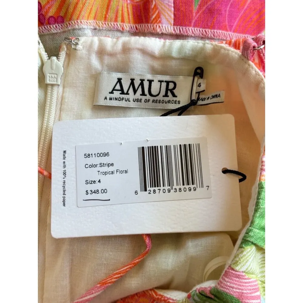 Amur Eriel Linen Blend Mini Dress Stripe Tropical Floral Womens Size 4 Pink - Image 11