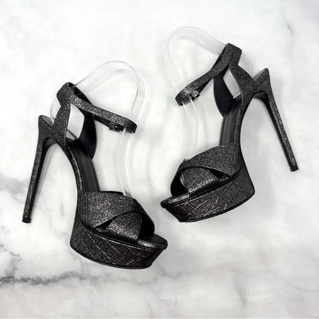 Saint Laurent Tribute Metallic Croc Leather Platform Sandal Heels Gunmetal 39 - Image 4