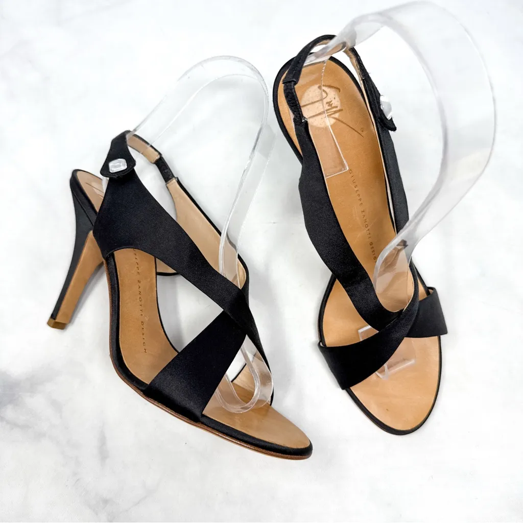NEW Giuseppe Zanotti Vintage Y2K Silk Satin Rhinestone Sandal Heels Glam Black 6 - Image 3
