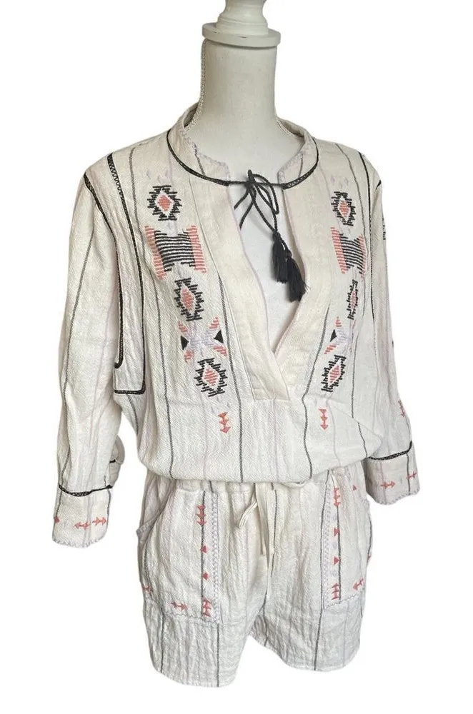 Free People Baja Boho Aztec Embroidered Crean V Neck Romper Size S/P - Image 1