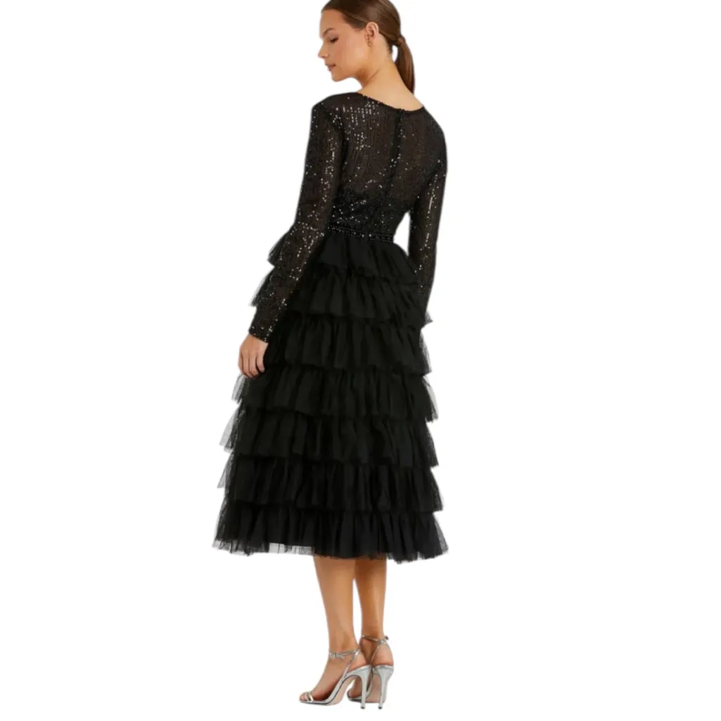 Macduggal Leena Black Long Sleeve Ruffle Tiered Midi Dress - Image 2