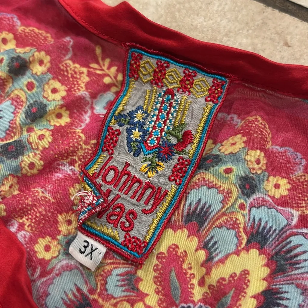 Johnny Was Red Bohemian Paisley Silk Embroidered Floral Flowy Blouse - Image 3