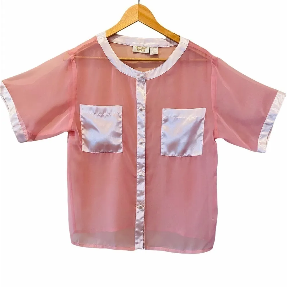 VICTORIA’S SECRET Vintage Gold Label 3 Piece Top Pant Robe Set Pink Semi Sheer S - Image 2