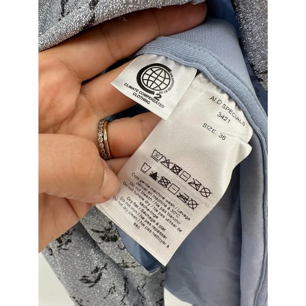 Ganni Metallic Floral Print Brunnera Blue Pull-On Pleated Midi Skirt Size 4 - Image 4