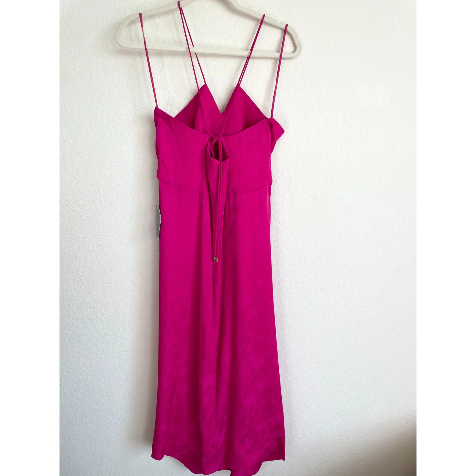 REBECCA VALLANCE Bright Pink Satin Ruched Midi Dress Size 10 - Image 6