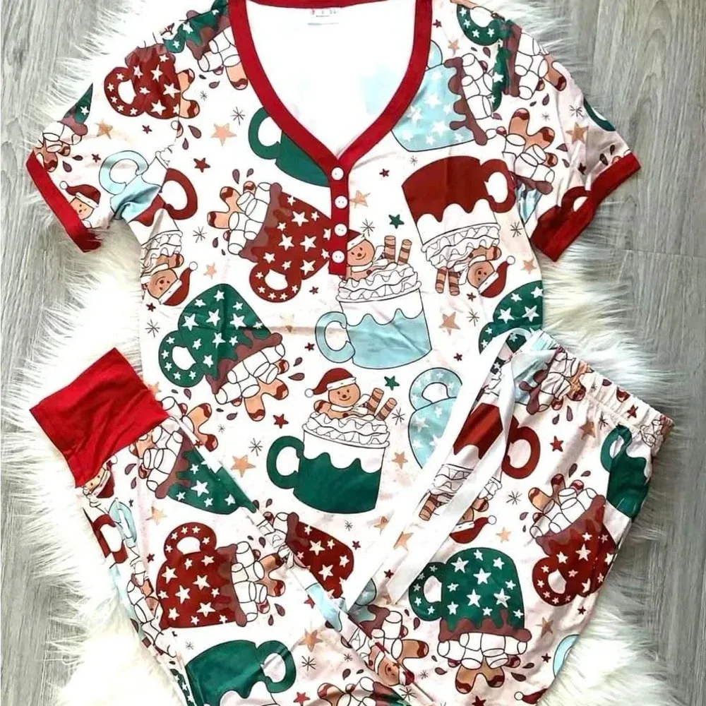Shirley & Stone Christmas Jogger Lounge Pajama Set Hot Cocoa Gingerbread Man White Size XXL - Image 14