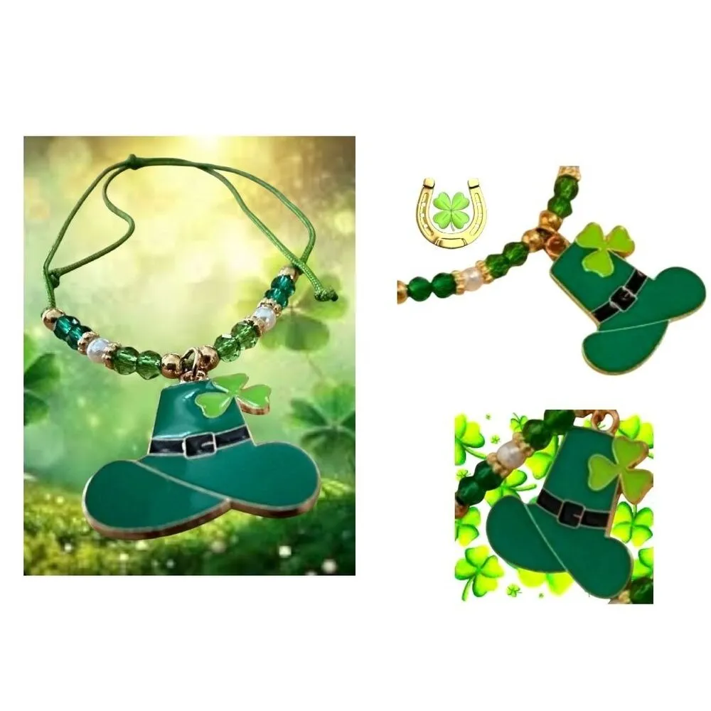 St Patricks Day Knotted String Beaded Bracelet Leprechaun Hat Shamrock C… Green - Image 7