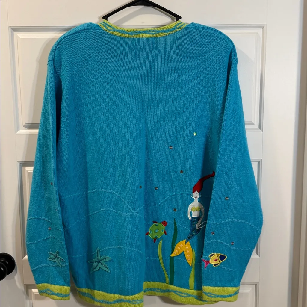 Vintage Quacker Factory Mermaid Ocean Fish Clam Beaded Long Sleeve Sweater large Blue - Image 4