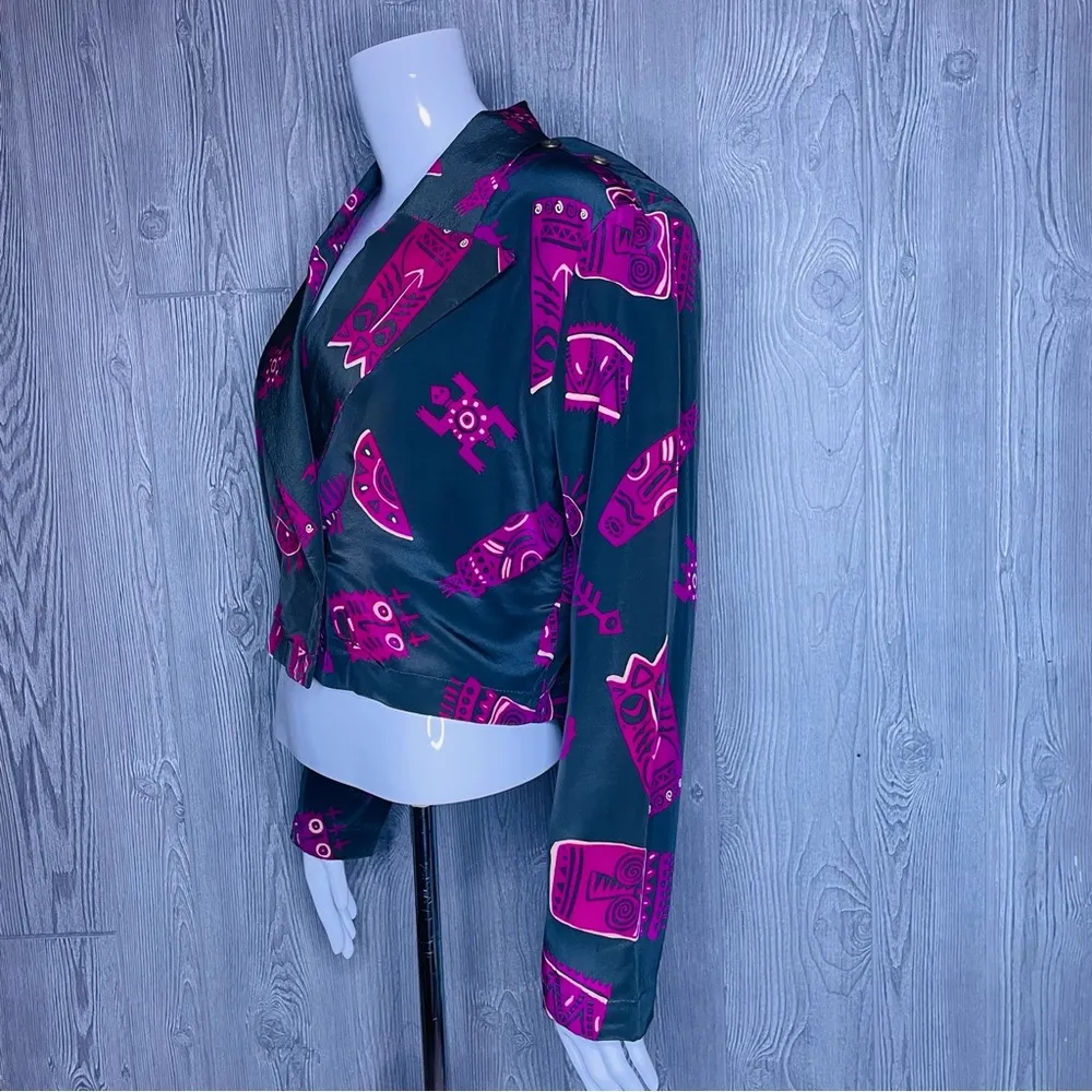 Vintage Sue Wong 1990s silk tribal mask print blouse shirt long sleeve cropped m - Image 7