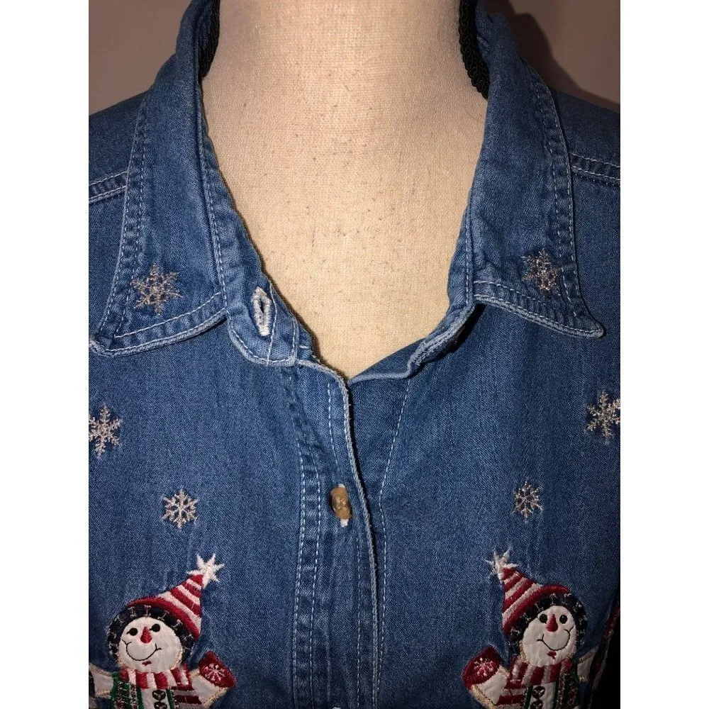 Bobbie Brooks Size Large Shirt Snowman Christmas Embroidered Denim Blue Shacket - Image 3