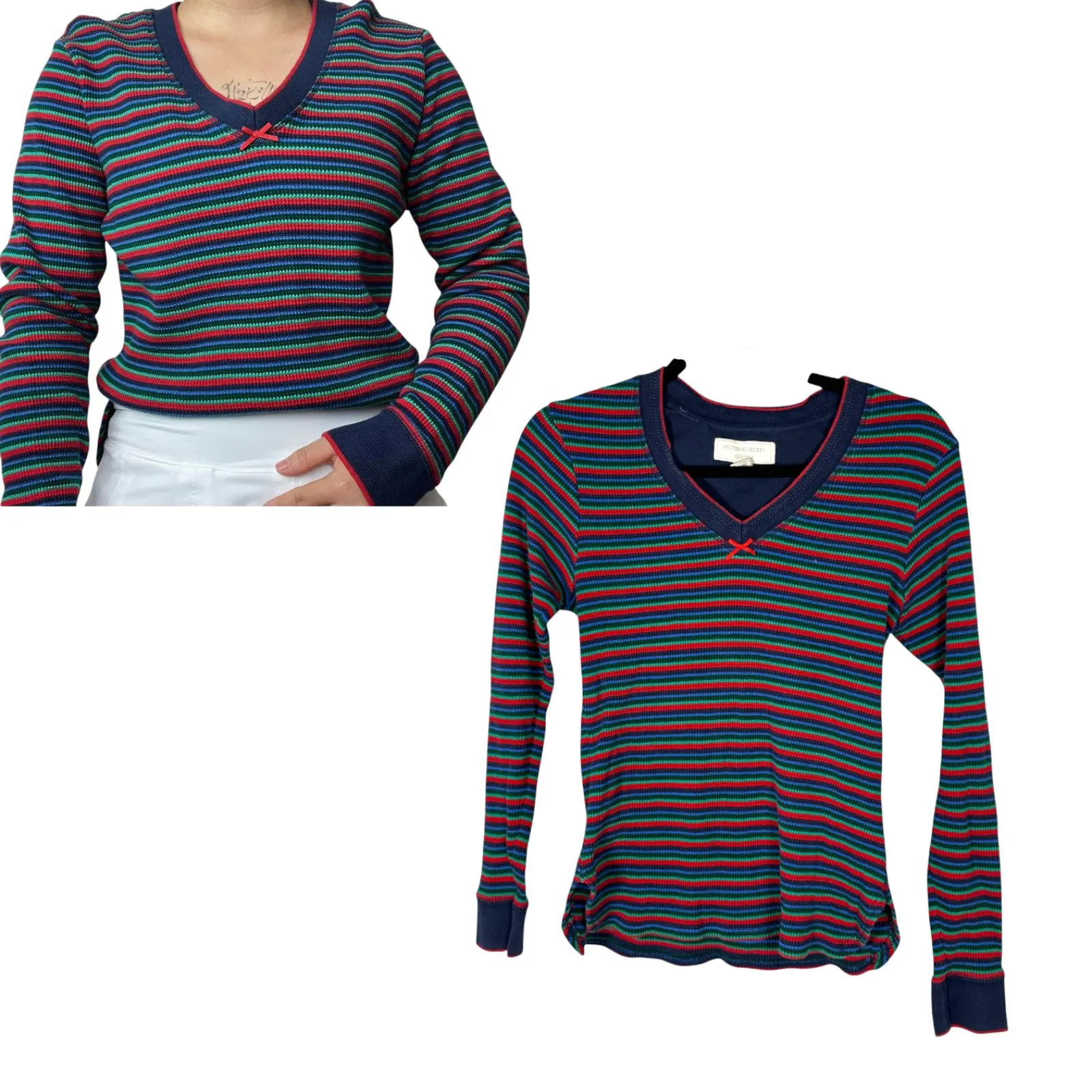 Victoria's Secret Vintage Striped Long Sleeve Bow Waffleknit Shirt Small - Image 2