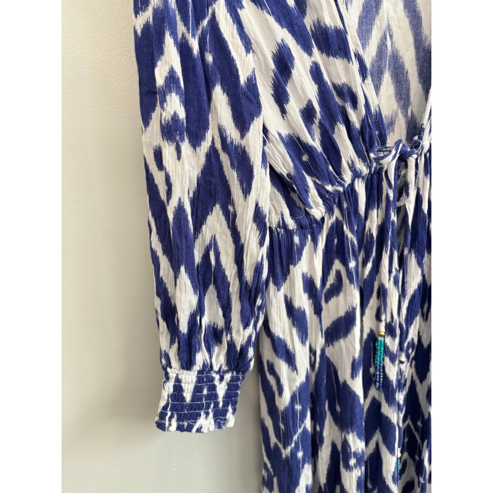 Blue Island Size M Ikat Print Coverup Dress Boho Drawstring Waist Vacation - Image 3