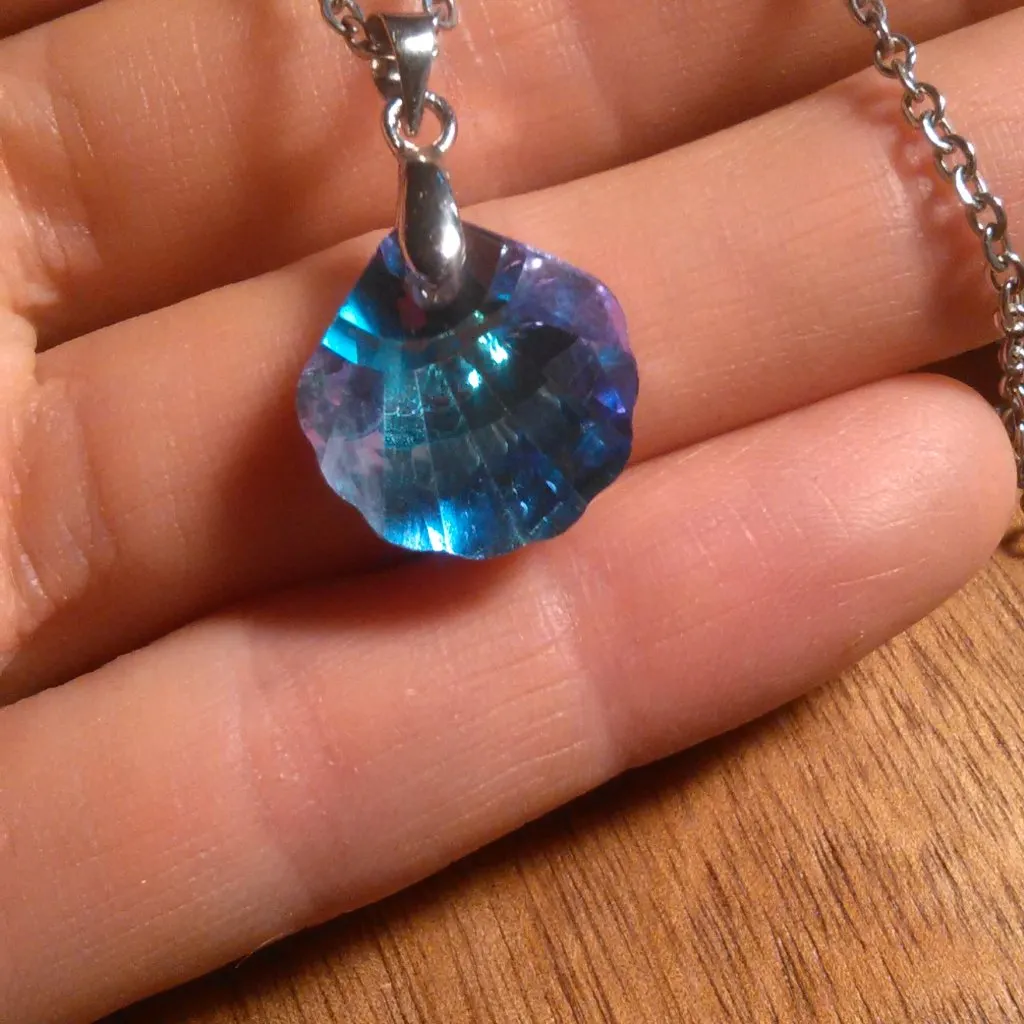 Mystic Color Crystal Clamshell Brass Pendant Stainless Steel Necklace - Image 9