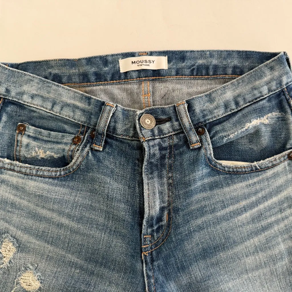 Moussy Vintage Howa Distressed Raw Hem Jeans Size 28 Blue - Image 7