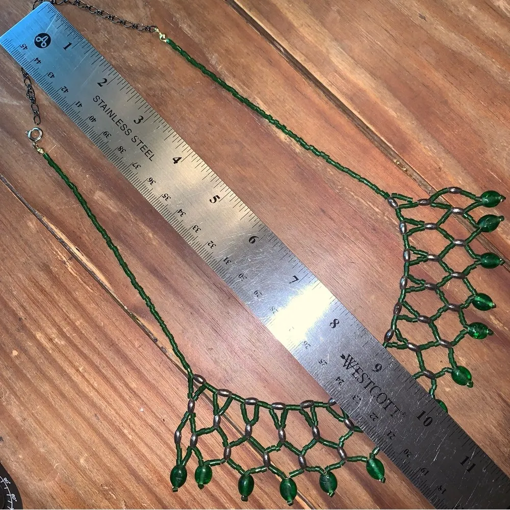 Green Beaded Statement Bib Necklace Vintage - Image 3