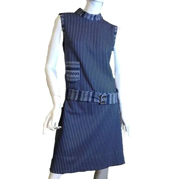 Vintage 1960s Vintage Flapper Drop Waist Geometric Polka Dotted Dress Navy Blue Size undefined - Image 2