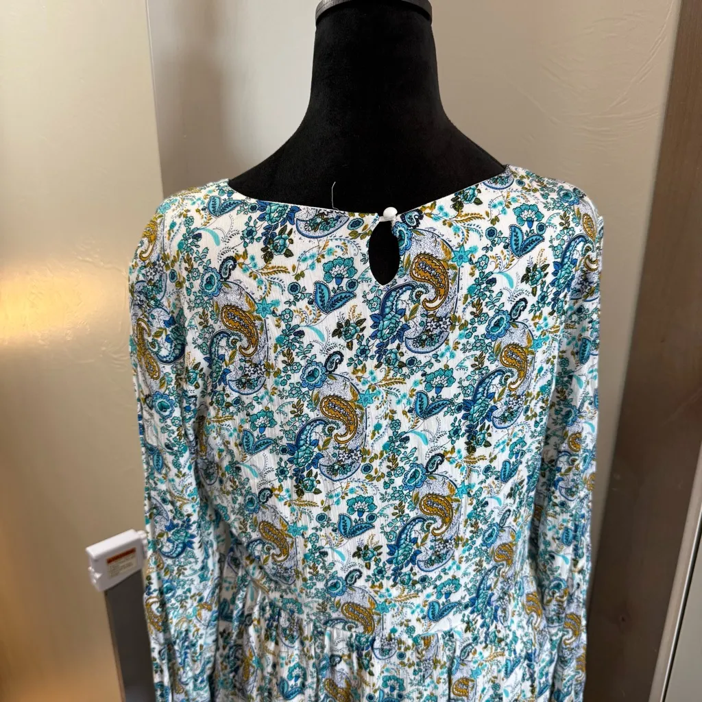 Altar'd State Long Sleeve Tiered Blue White Floral V-Neck Tie Dress Ruffle Flowy - Image 7