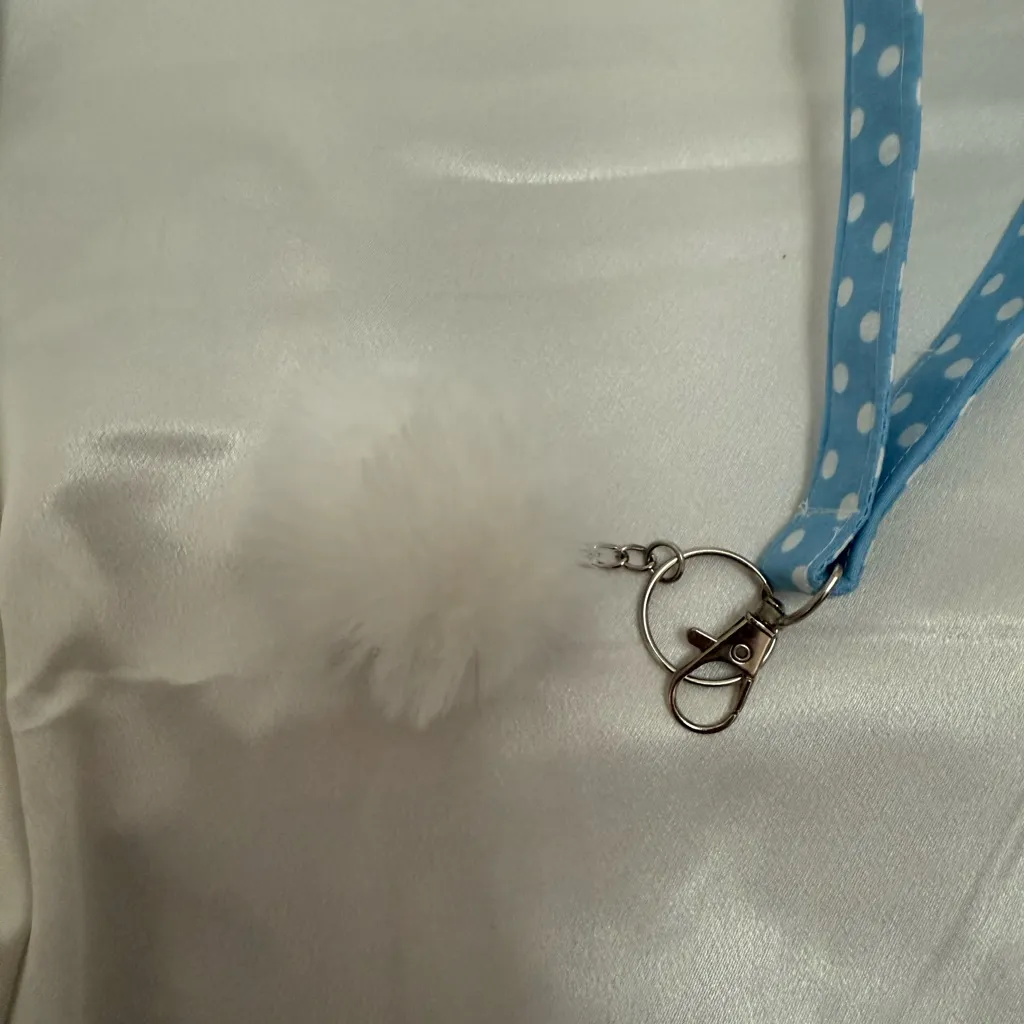 Handmade Blue and White Polka Dot Wristlet Keychain with White Pompom - Image 5