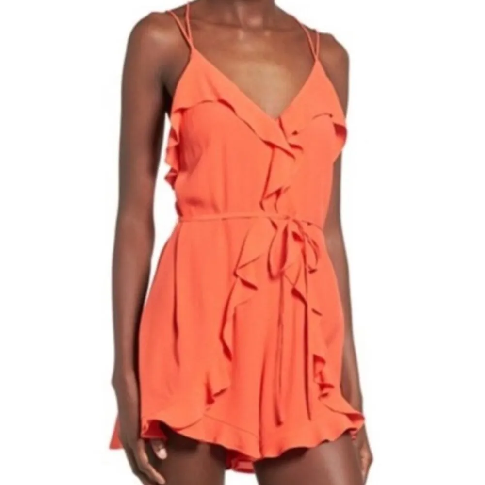 ASTR Waist Tie Flutter Romper Coral Red Orange Sleeveless Strappy Boho Ruffle XS - Image 5