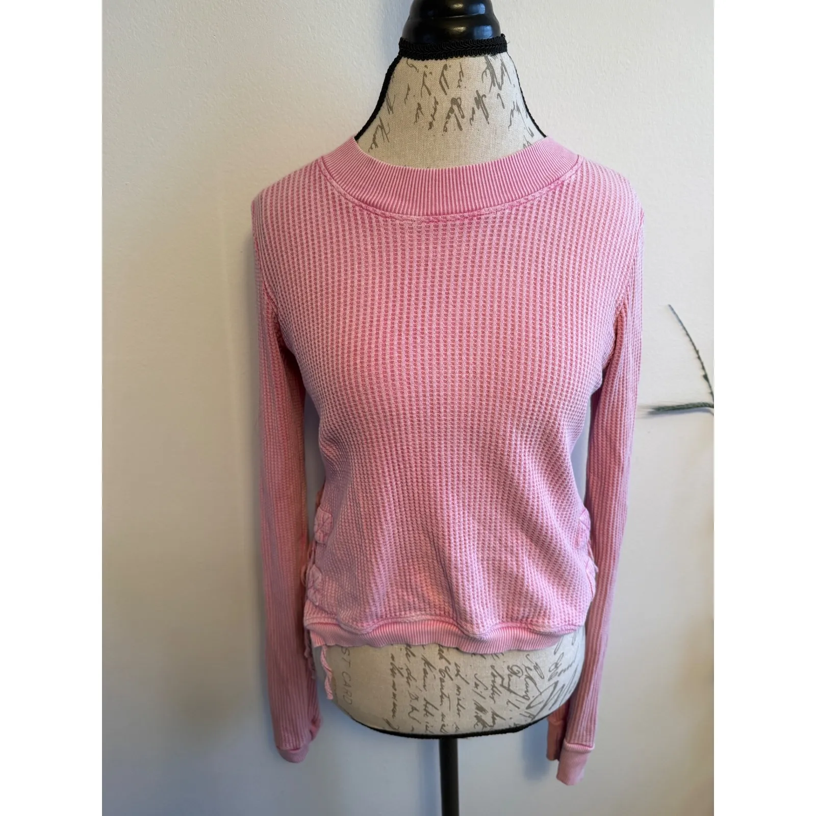 FP One Pink Waffle Knit Long Sleeve Top with Side Ties Size S - Image 2