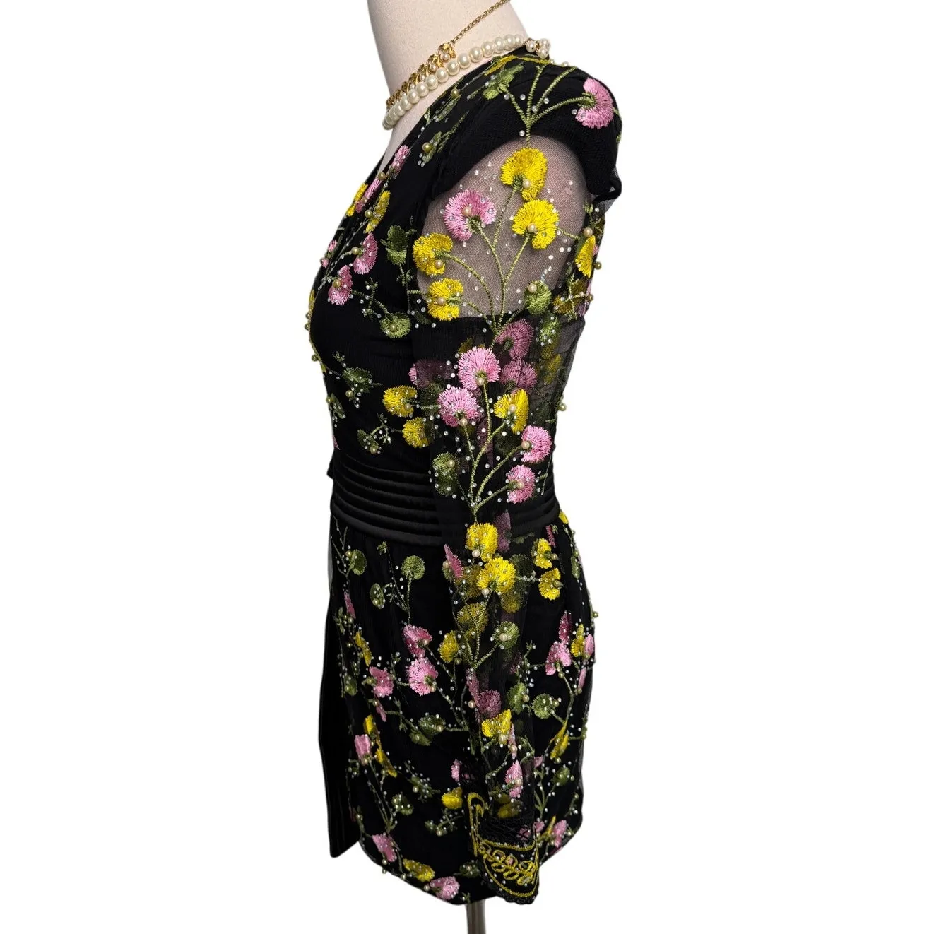 Zhivago In The Garden Floral Mesh Wrap Mini Dress black pink yellow size US 2 - Image 8