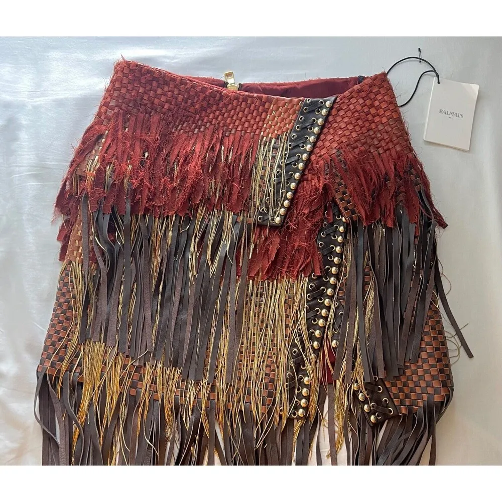 Balmain Fall 17 Runway Skirt Brown Tribal Lamb Leather Gold Fringe Brass Kendall - Image 6