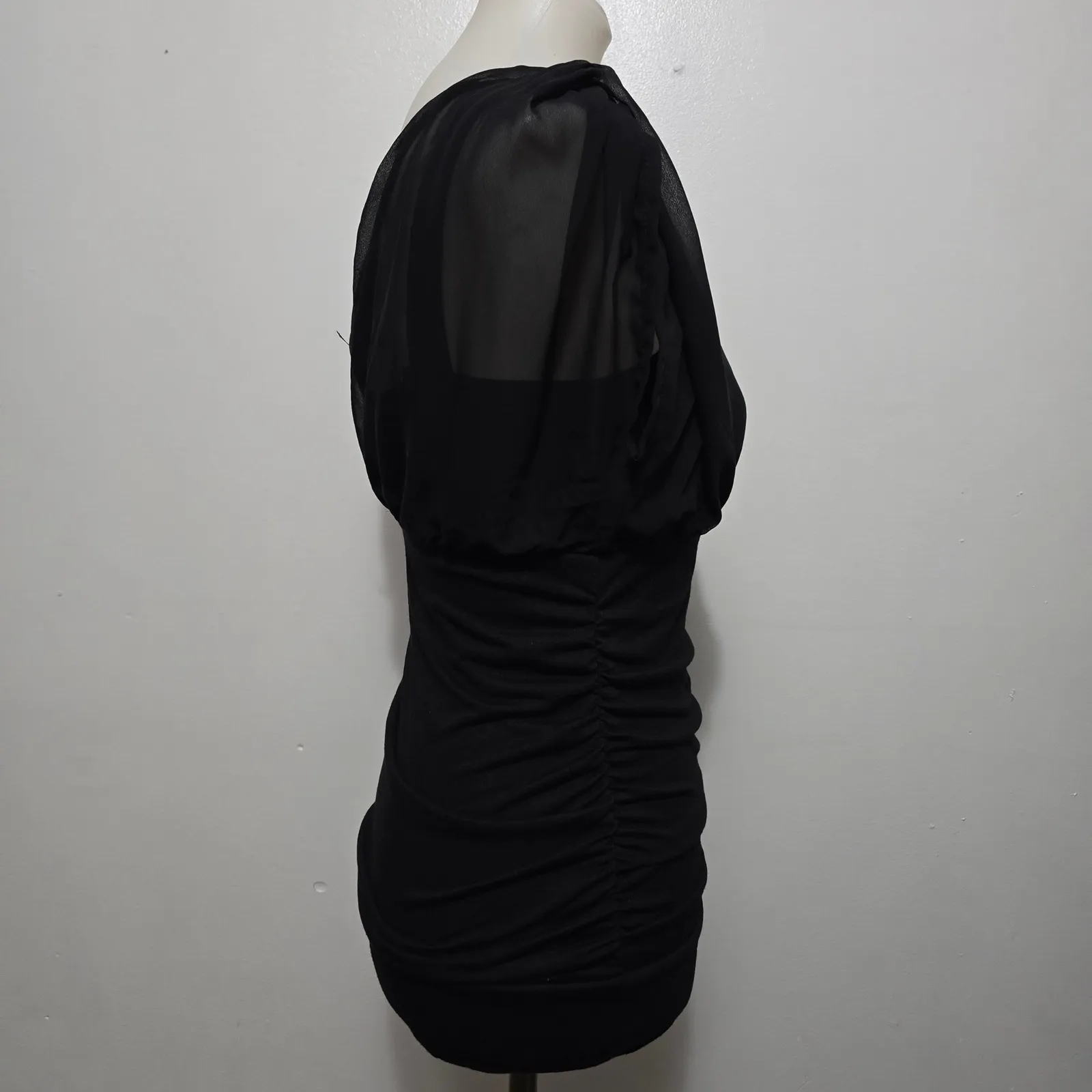 maurices Black Ruched V Neck Sheer Sleeve Bodycon Top Small Whimsigoth - Image 4
