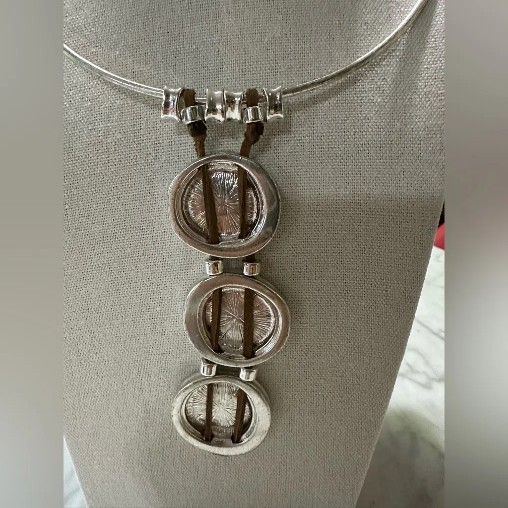 RLM SOHO Robert Lee Moris Silver Tone Disk Necklace Leather Straps Modern - Image 3