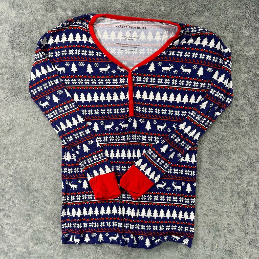 Little Bum Bums (Bums & Roses) Deer Santa Bamboo Pajama Set Holiday Christmas Blue Size XS - Image 3