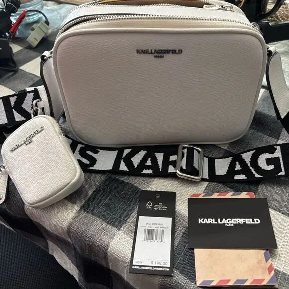 Karl Lagerfeld Paris Maybelle Camera Crossbody Bag White Black and Chrome New - Image 1