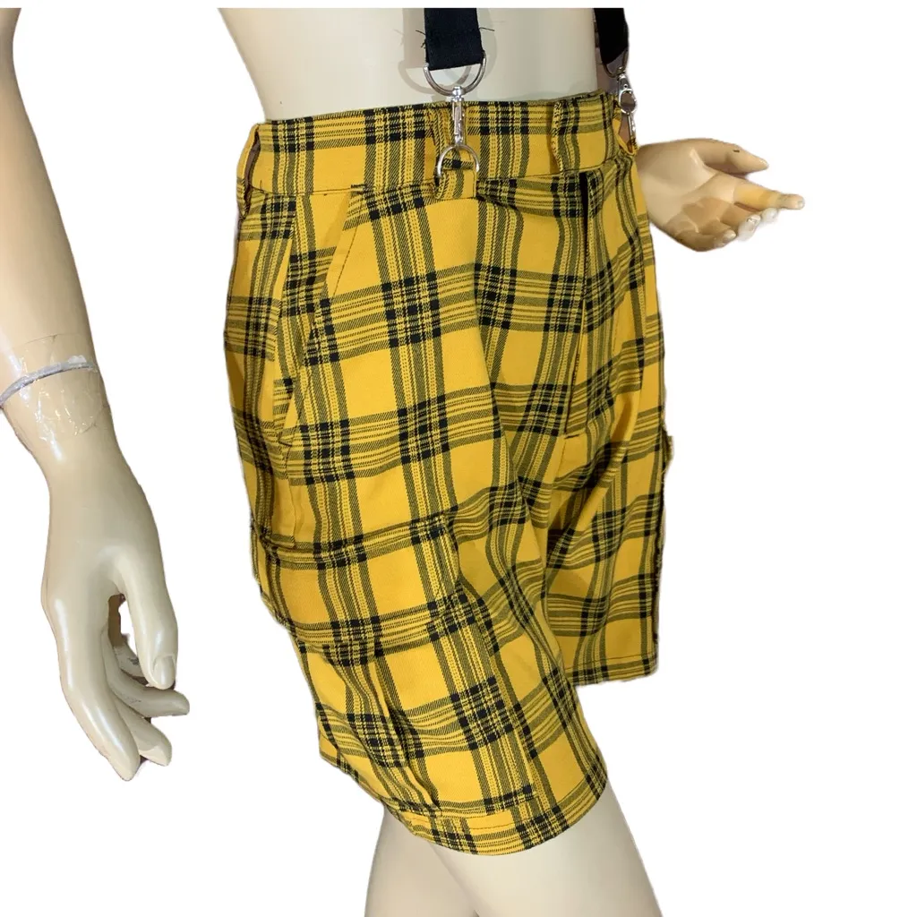 HOT TOPIC YELLOW & BLACK PLAID PLEATED FRONT CARGO SUSPENDER SHORTS (S) - Image 3